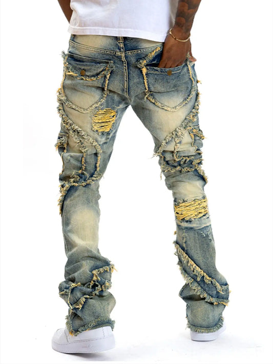 European and American men's casual, street punk fashion, retro, ripped hole, slightly flared tassel elastic jeans