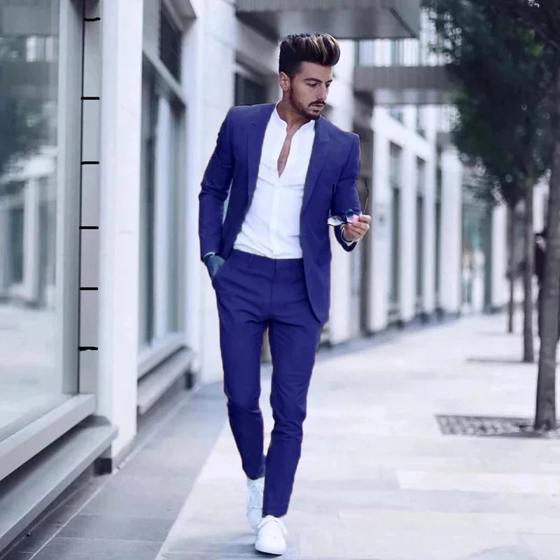 Men's Casual 2 Piece Business Suit Slim Fit Peak Lapel