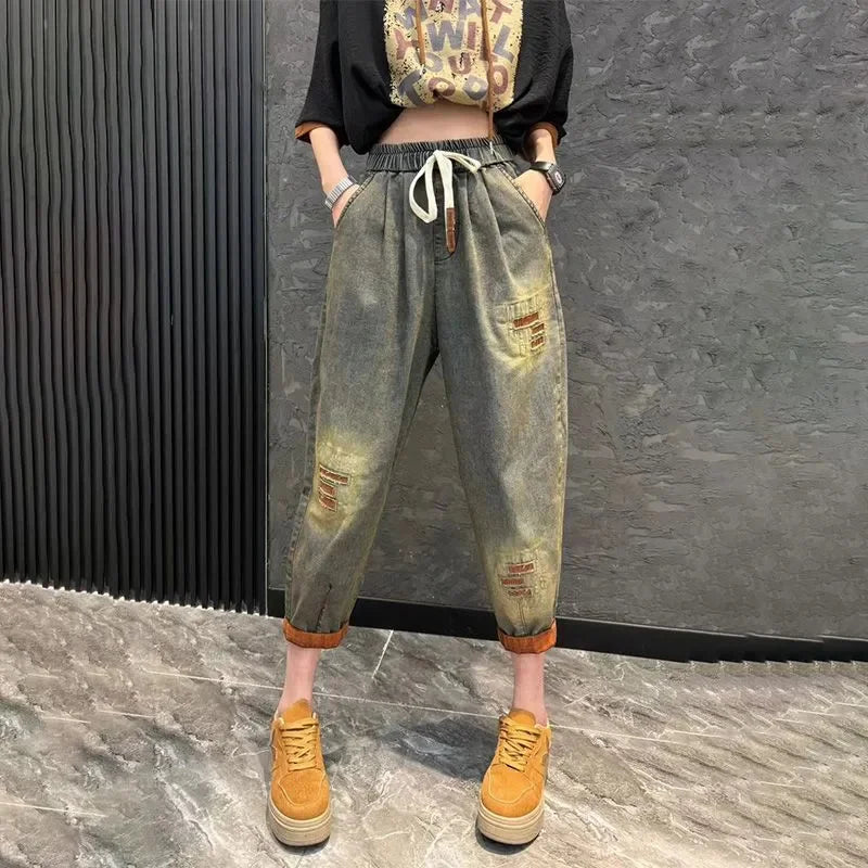 Women Denim Pants Two Piece Set Loose Plus Size Female Fashion Hooded Printed Jeans Sets
