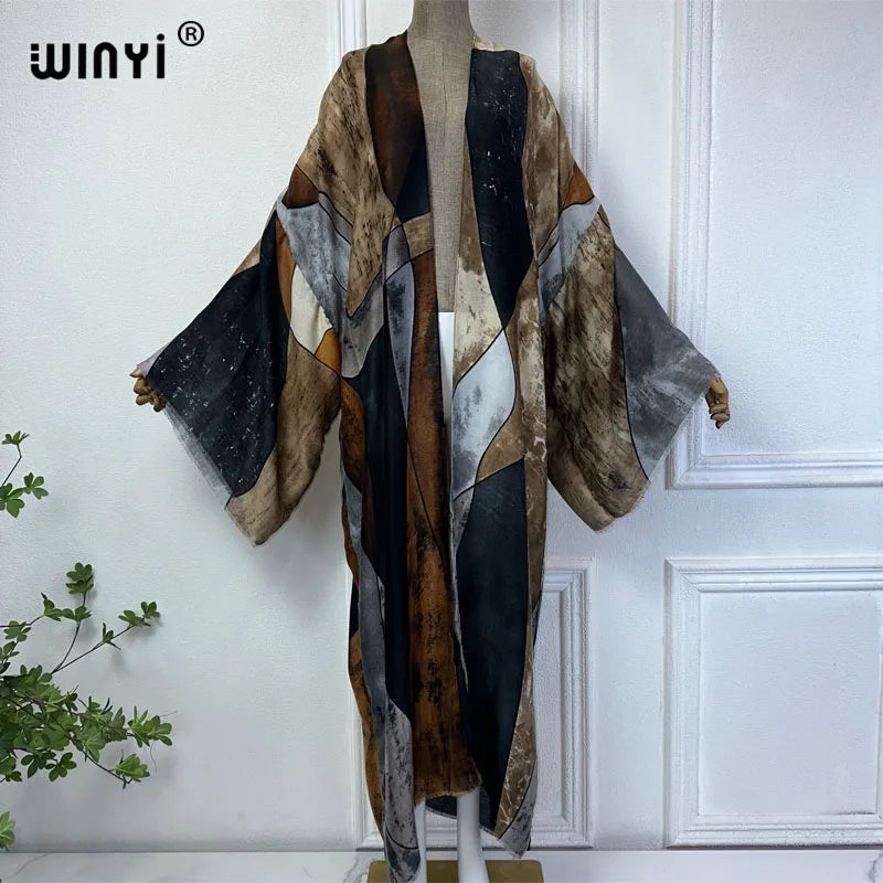 WINYI summer kimono Retro print beach cover up Swim Suit elegant African women boho Cardigan sexy Holiday silk feeling dress