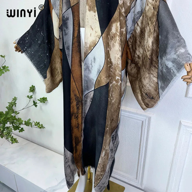 WINYI summer kimono Retro print beach cover up Swim Suit elegant African women boho Cardigan sexy Holiday silk feeling dress