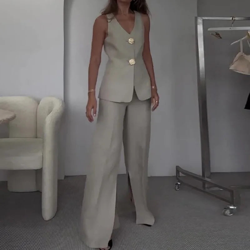 V Neck Sleeveless Vest Pants Office Suits, Women Buttons Elegant Outfit, Vintage Wide Leg Pants Ladies Sets