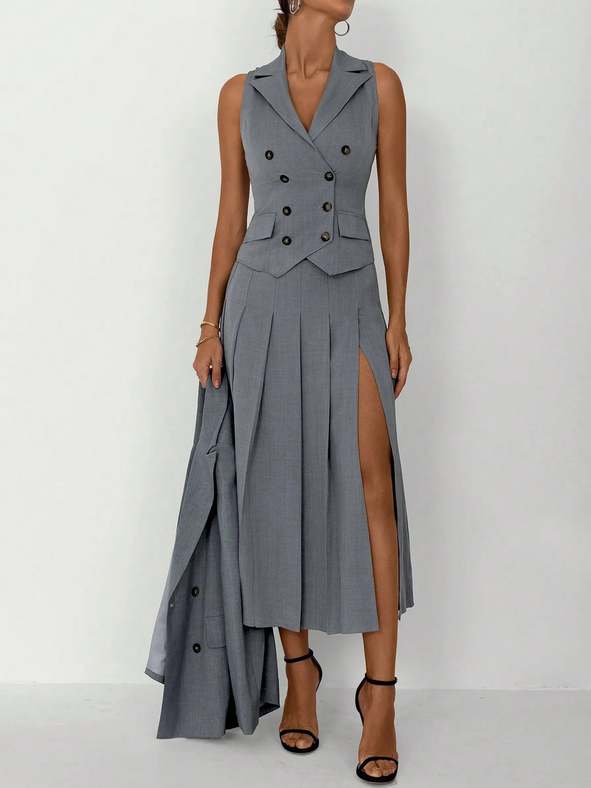 Women's Elegant Business Suit Set: Fitted Vest, Pleated Midi Skirt, With Jacket 3pcs