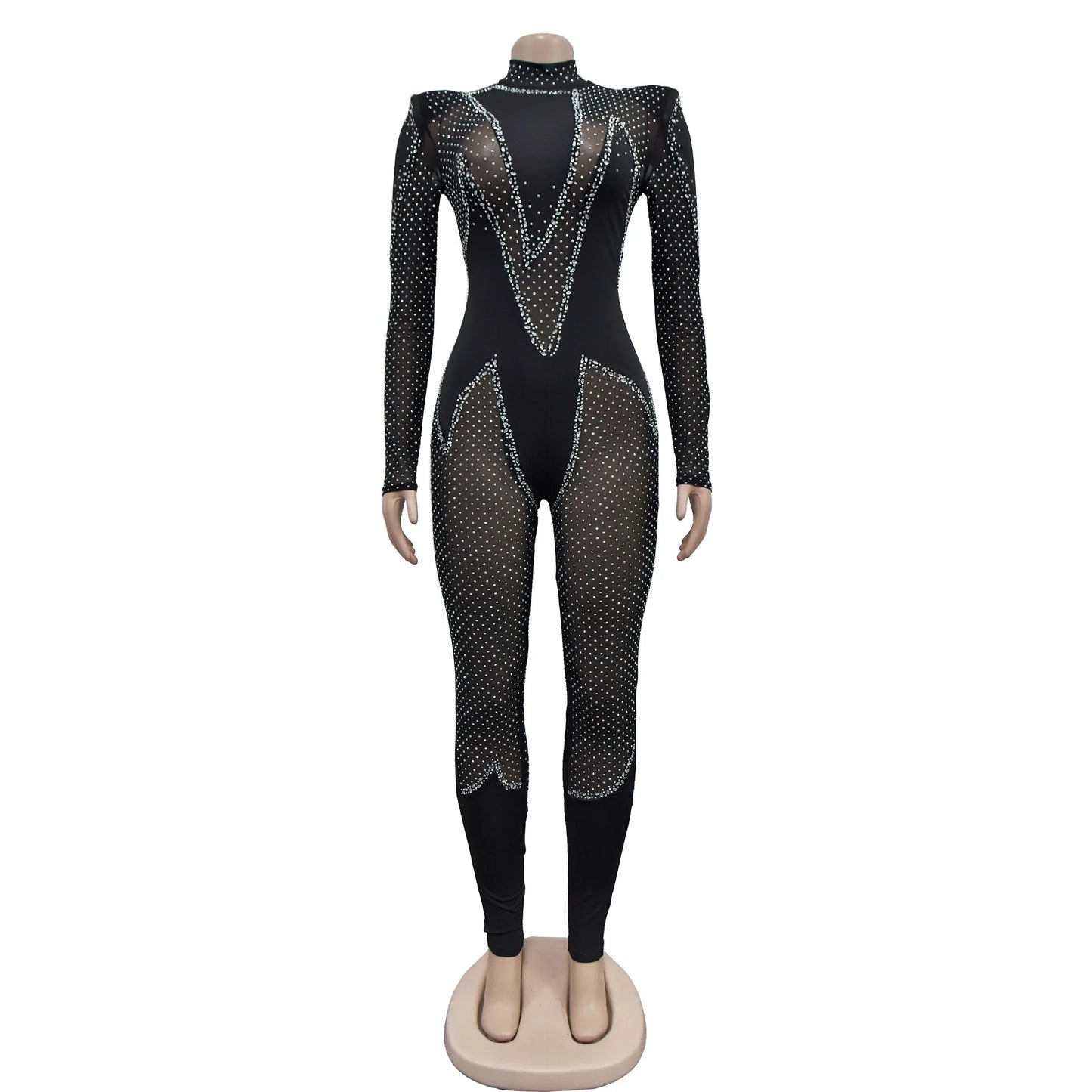 CM.YAYA Women 2024 Fashion Mesh See Though Diamonds Hot Rhinestones Sexy Party Club Jumpsuit One Piece Suit Romper Playsuits