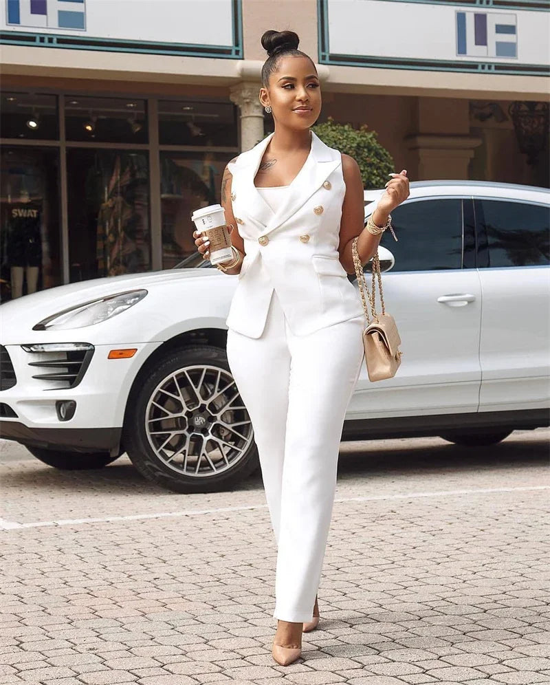 Women's Office Lady Two Piece Elegant Sleeveless Blazer And Pencil Pant Suit Set