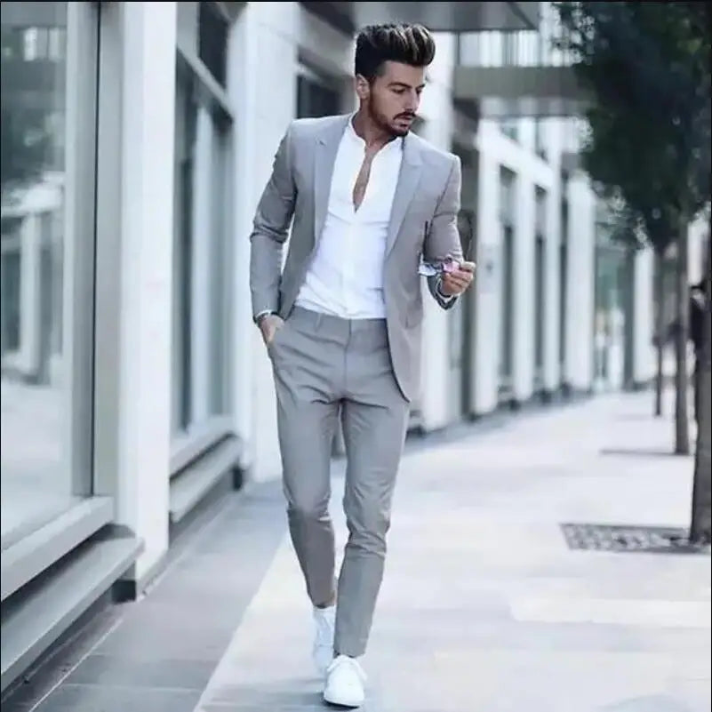 Men's Casual 2 Piece Business Suit Slim Fit Peak Lapel
