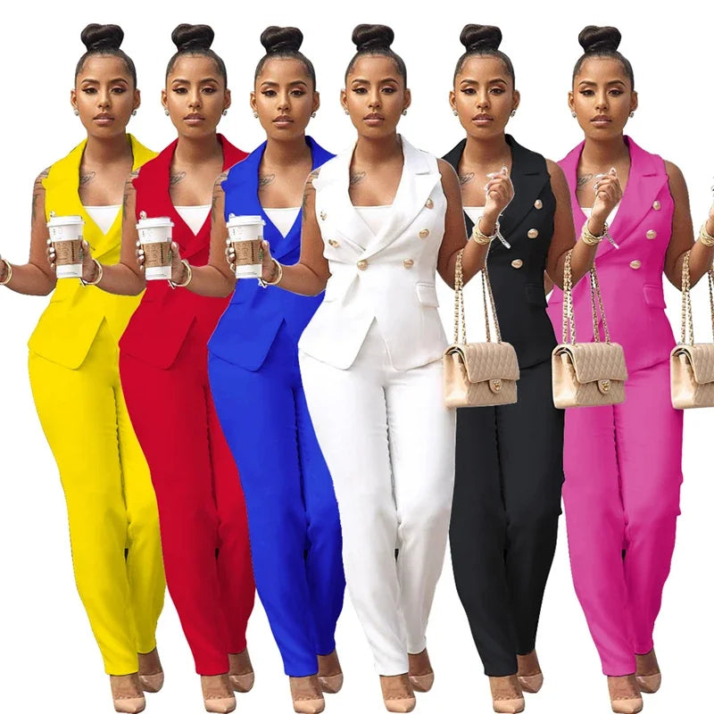 Women's Office Lady Two Piece Elegant Sleeveless Blazer And Pencil Pant Suit Set