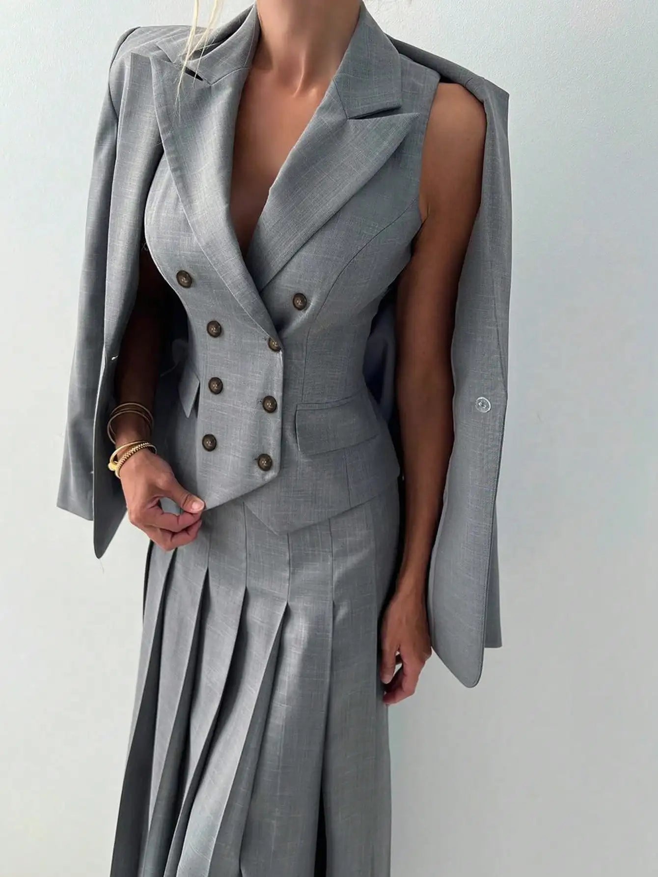 Women's Elegant Business Suit Set: Fitted Vest, Pleated Midi Skirt, With Jacket 3pcs