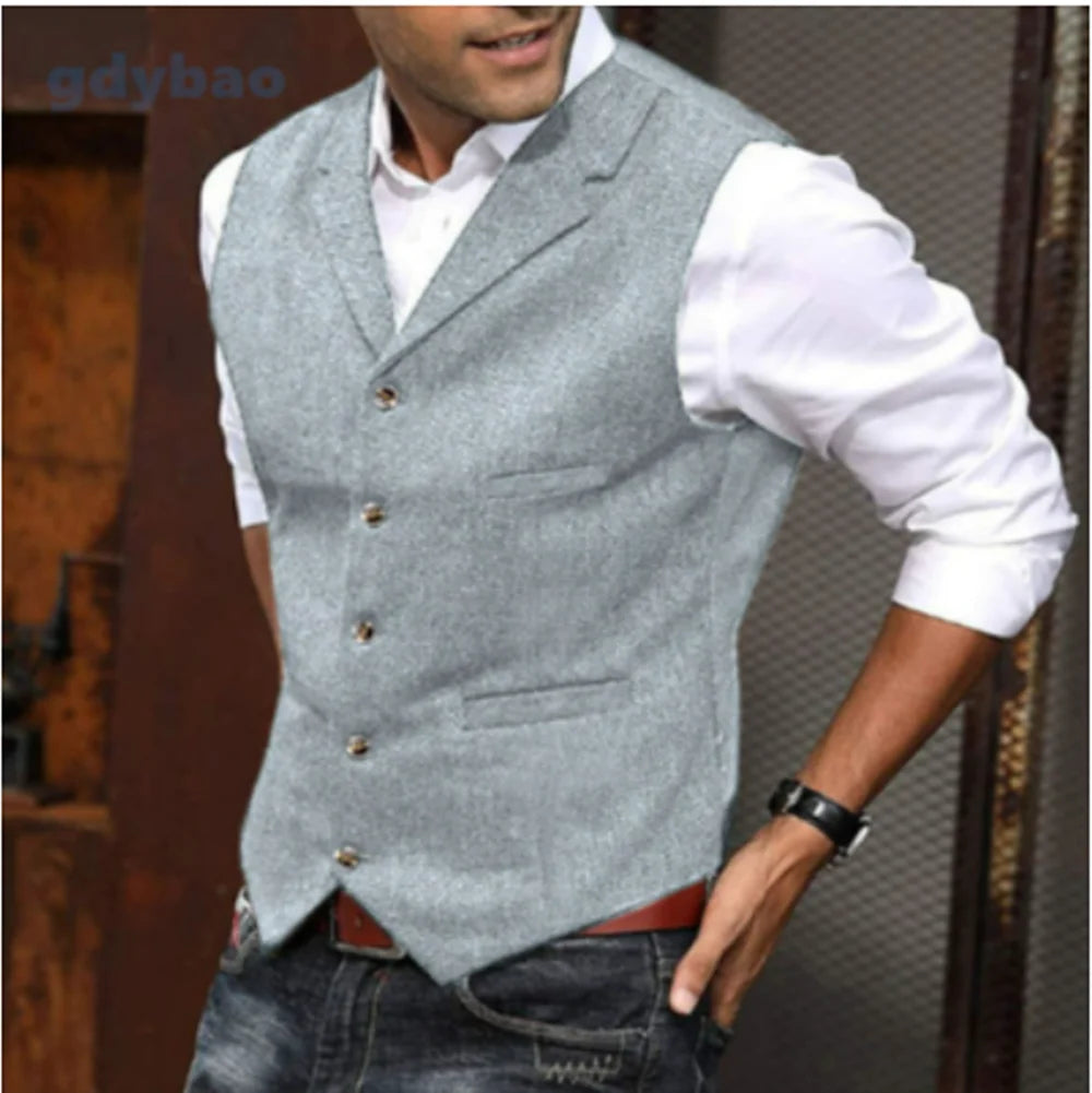 Men's Casual Classic Suit Vest V Neck Herringbone Tweed Slim Fit Business Waistcoat For Wedding