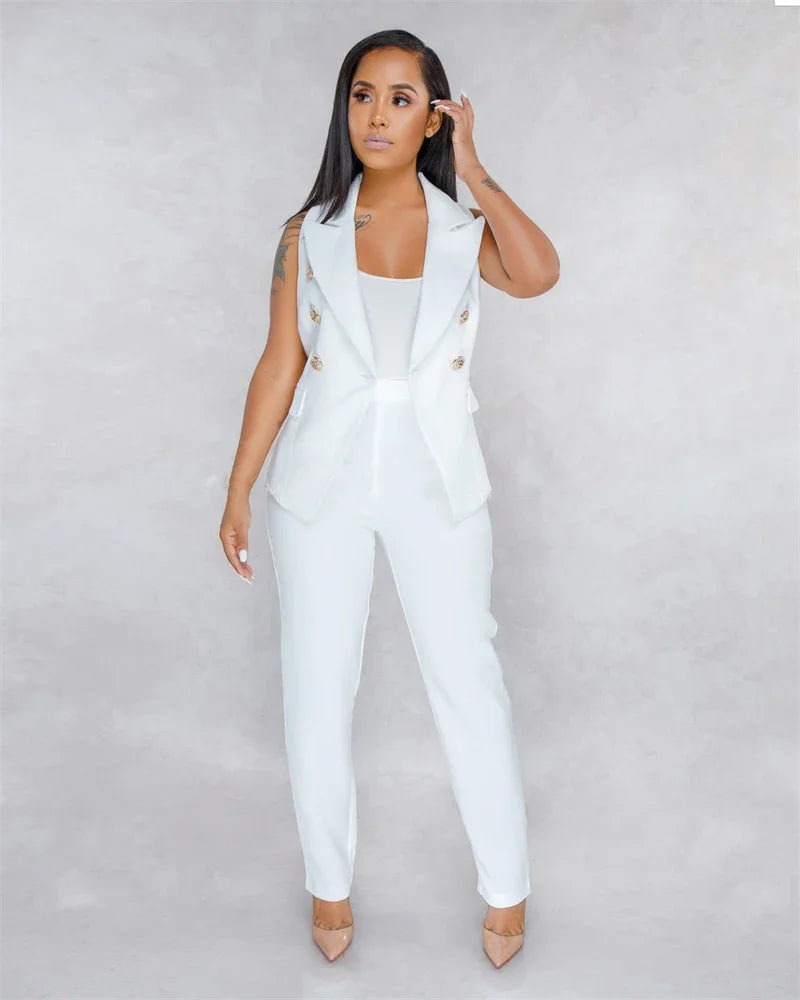 Women's Office Lady Two Piece Elegant Sleeveless Blazer And Pencil Pant Suit Set