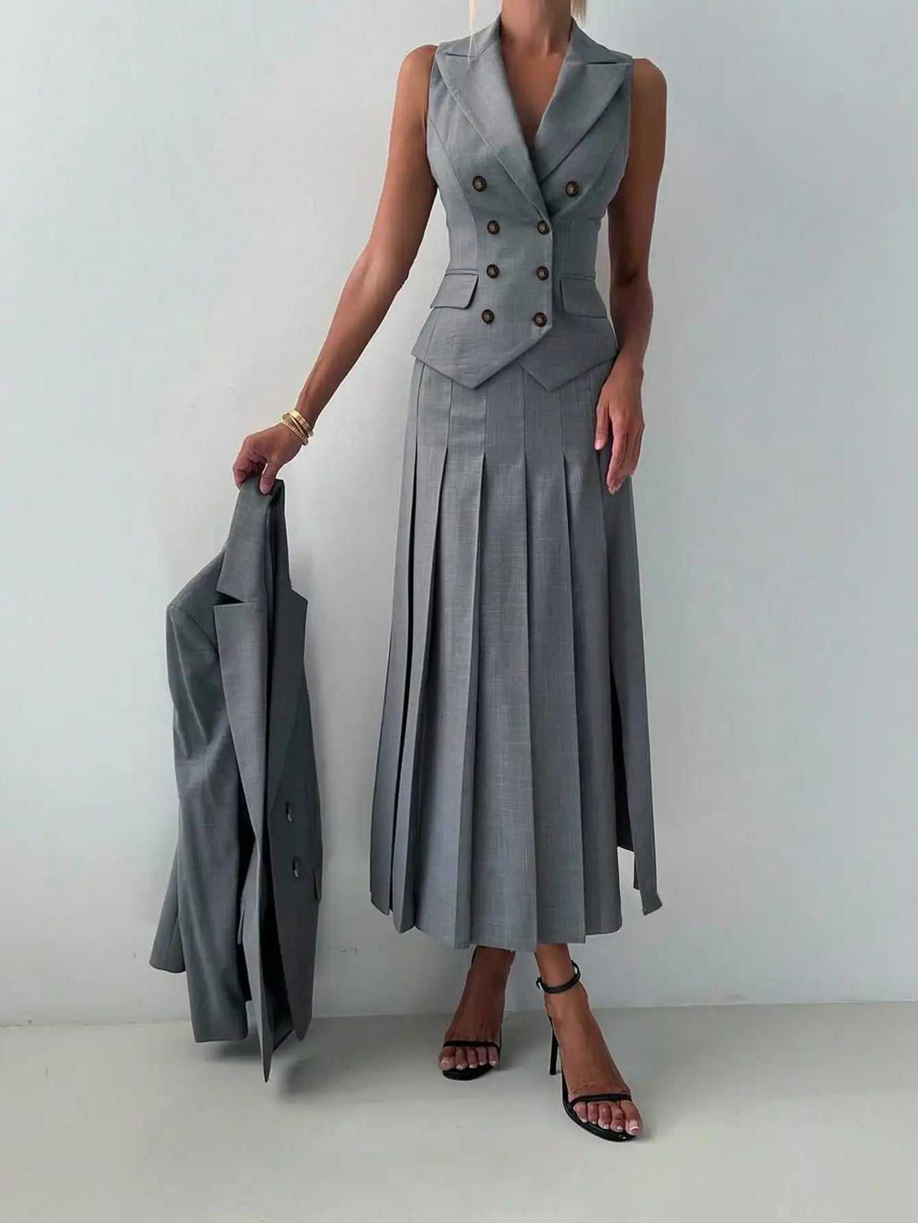 Women's Elegant Business Suit Set: Fitted Vest, Pleated Midi Skirt, With Jacket 3pcs