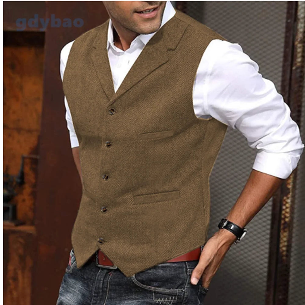 Men's Casual Classic Suit Vest V Neck Herringbone Tweed Slim Fit Business Waistcoat For Wedding