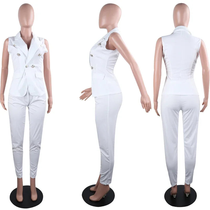 Women's Office Lady Two Piece Elegant Sleeveless Blazer And Pencil Pant Suit Set