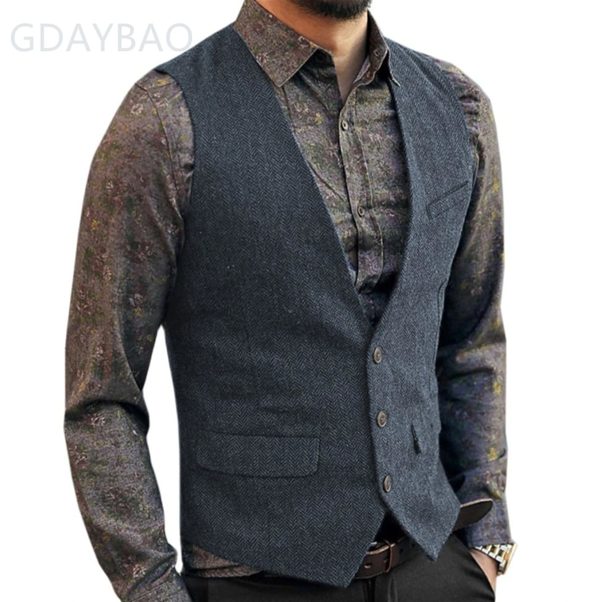 Men's Casual Classic Suit Vest V Neck Herringbone Tweed Slim Fit Business Waistcoat For Wedding