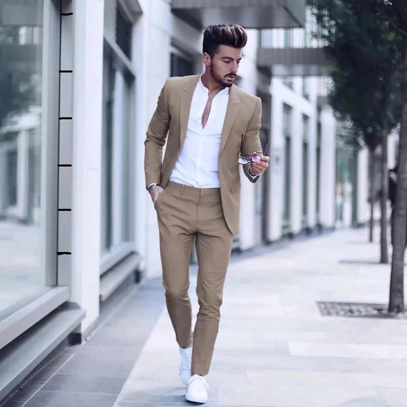 Men's Casual 2 Piece Business Suit Slim Fit Peak Lapel