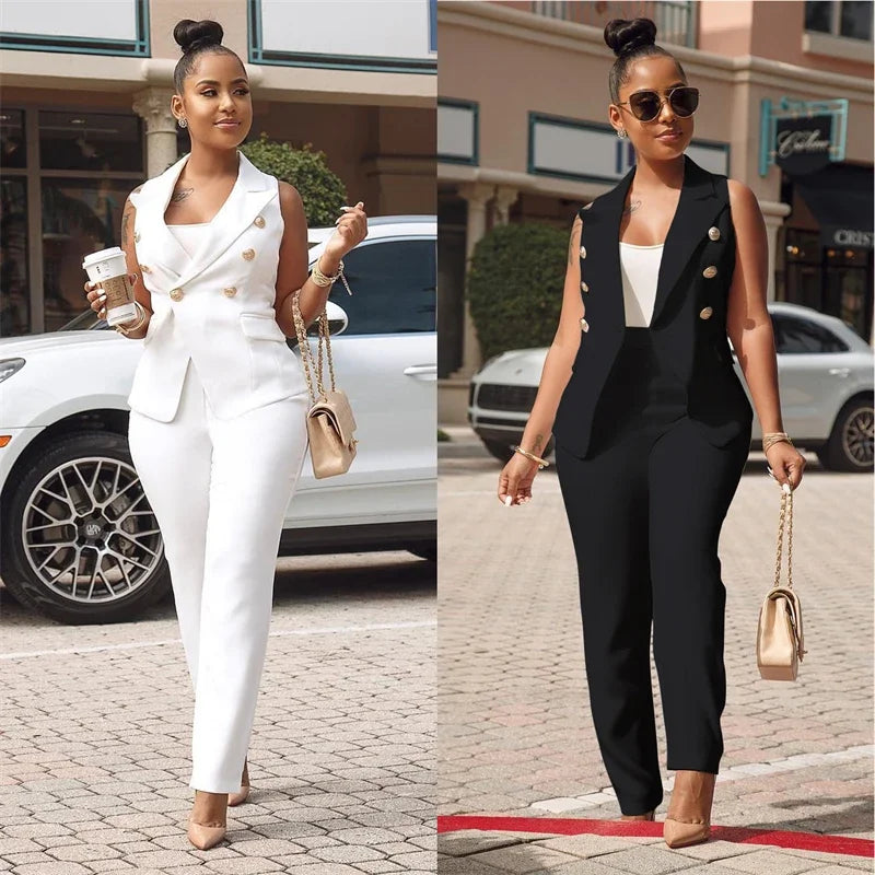 Women's Office Lady Two Piece Elegant Sleeveless Blazer And Pencil Pant Suit Set