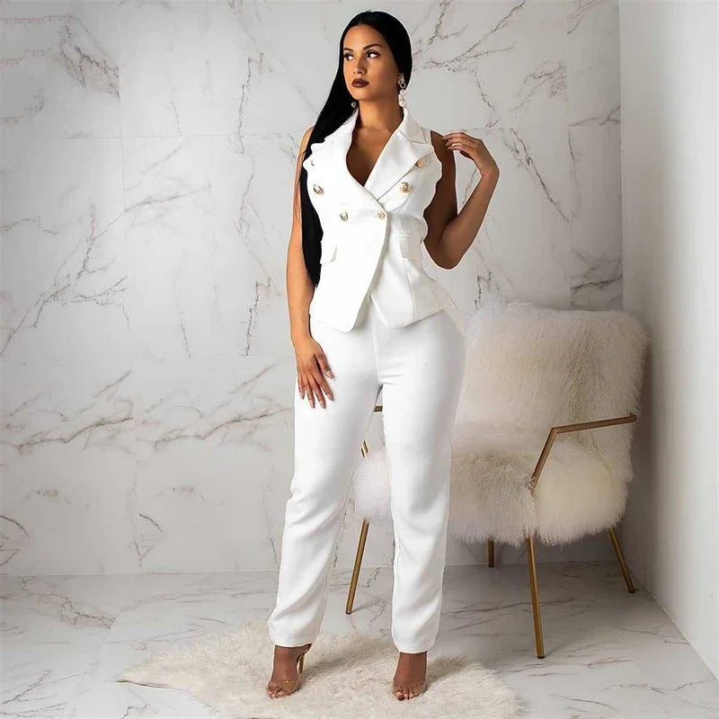 Women's Office Lady Two Piece Elegant Sleeveless Blazer And Pencil Pant Suit Set