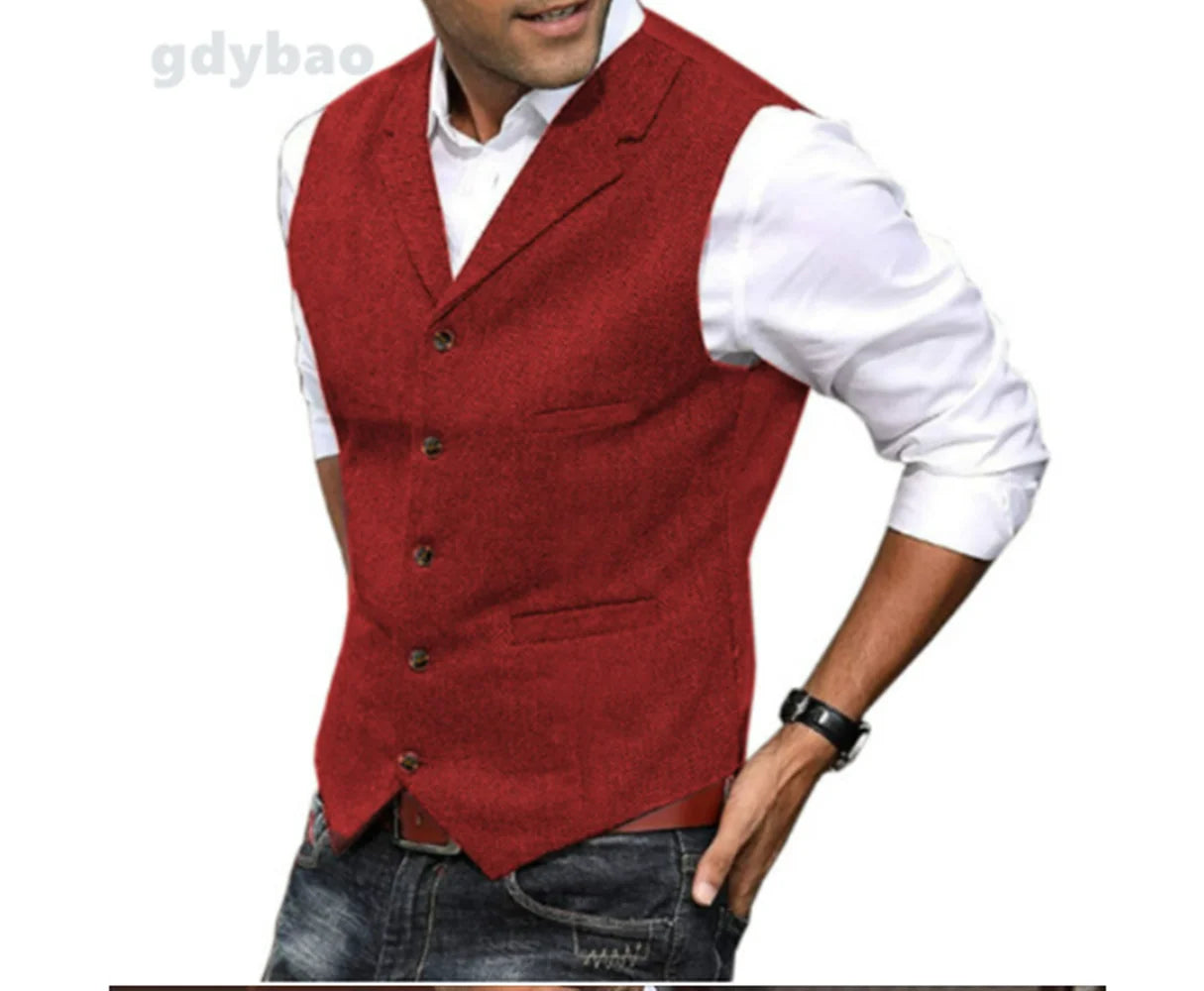 Men's Casual Classic Suit Vest V Neck Herringbone Tweed Slim Fit Business Waistcoat For Wedding