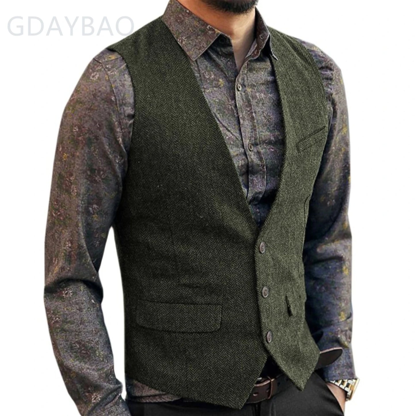 Men's Casual Classic Suit Vest V Neck Herringbone Tweed Slim Fit Business Waistcoat For Wedding
