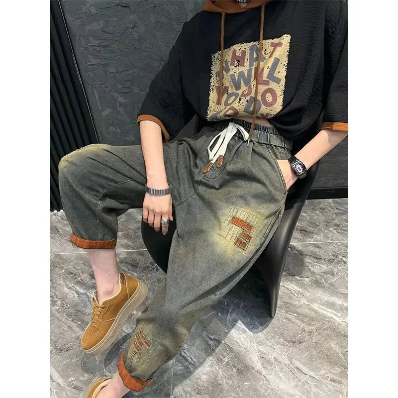 Women Denim Pants Two Piece Set Loose Plus Size Female Fashion Hooded Printed Jeans Sets