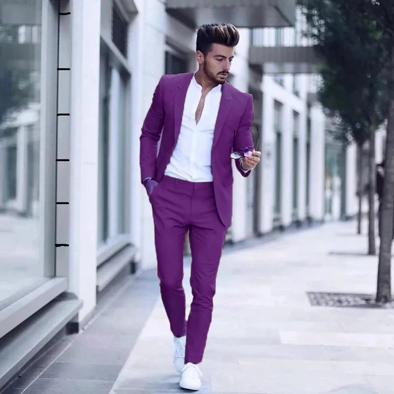 Men's Casual 2 Piece Business Suit Slim Fit Peak Lapel