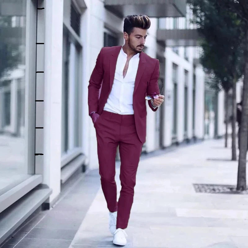 Men's Casual 2 Piece Business Suit Slim Fit Peak Lapel