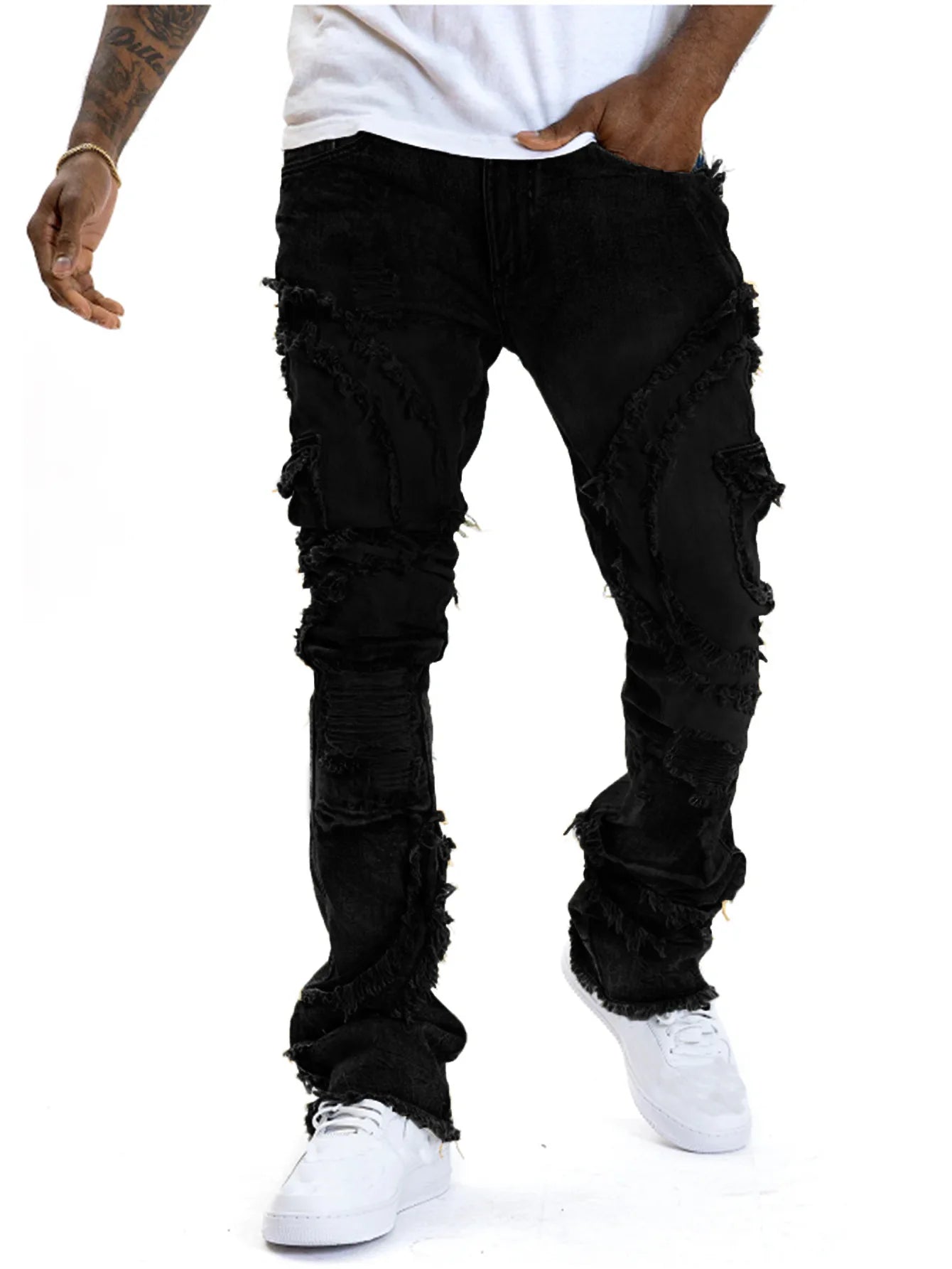 European and American men's casual, street punk fashion, retro, ripped hole, slightly flared tassel elastic jeans