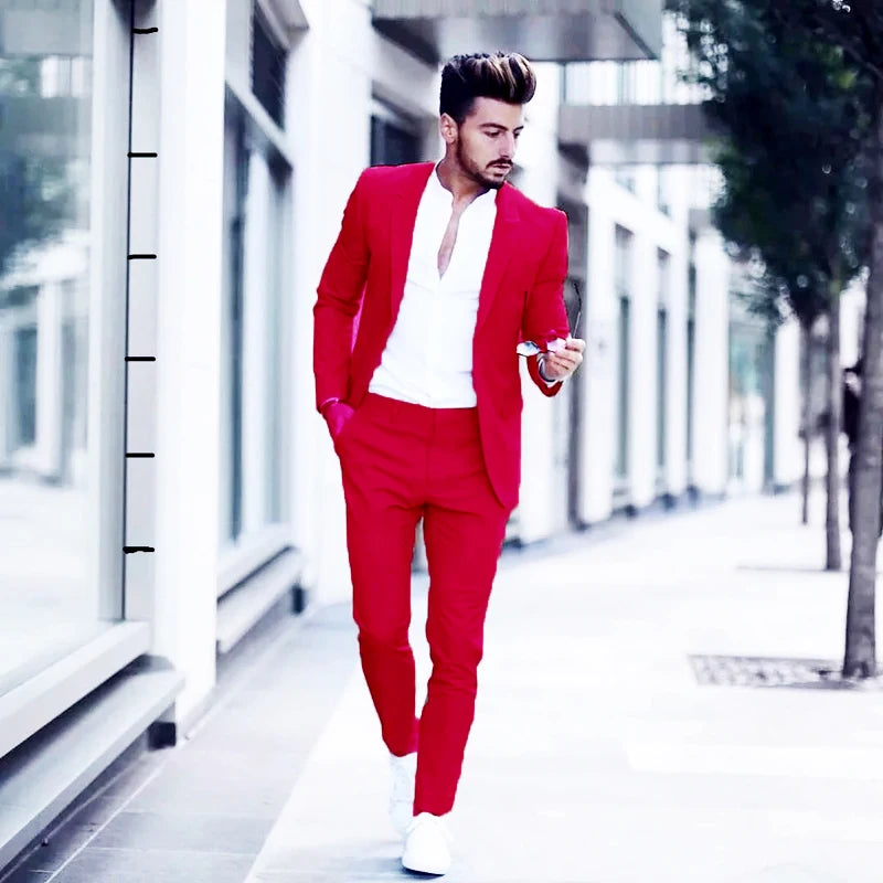 Men's Casual 2 Piece Business Suit Slim Fit Peak Lapel