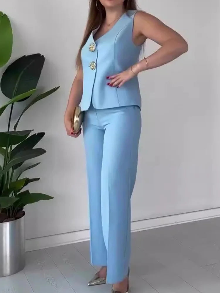 V Neck Sleeveless Vest Pants Office Suits, Women Buttons Elegant Outfit, Vintage Wide Leg Pants Ladies Sets