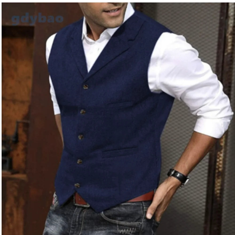 Men's Casual Classic Suit Vest V Neck Herringbone Tweed Slim Fit Business Waistcoat For Wedding