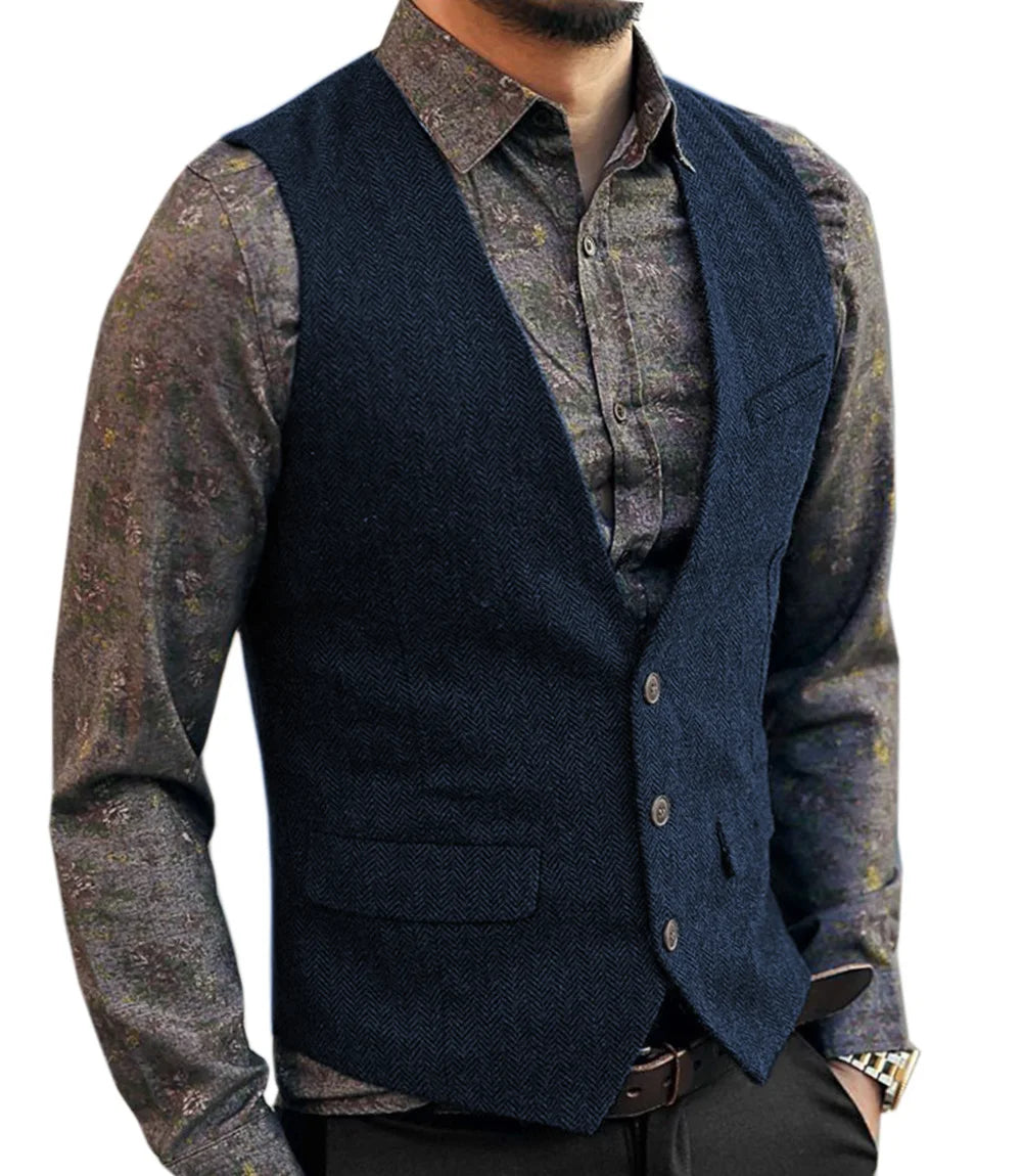Men's Casual Classic Suit Vest V Neck Herringbone Tweed Slim Fit Business Waistcoat For Wedding