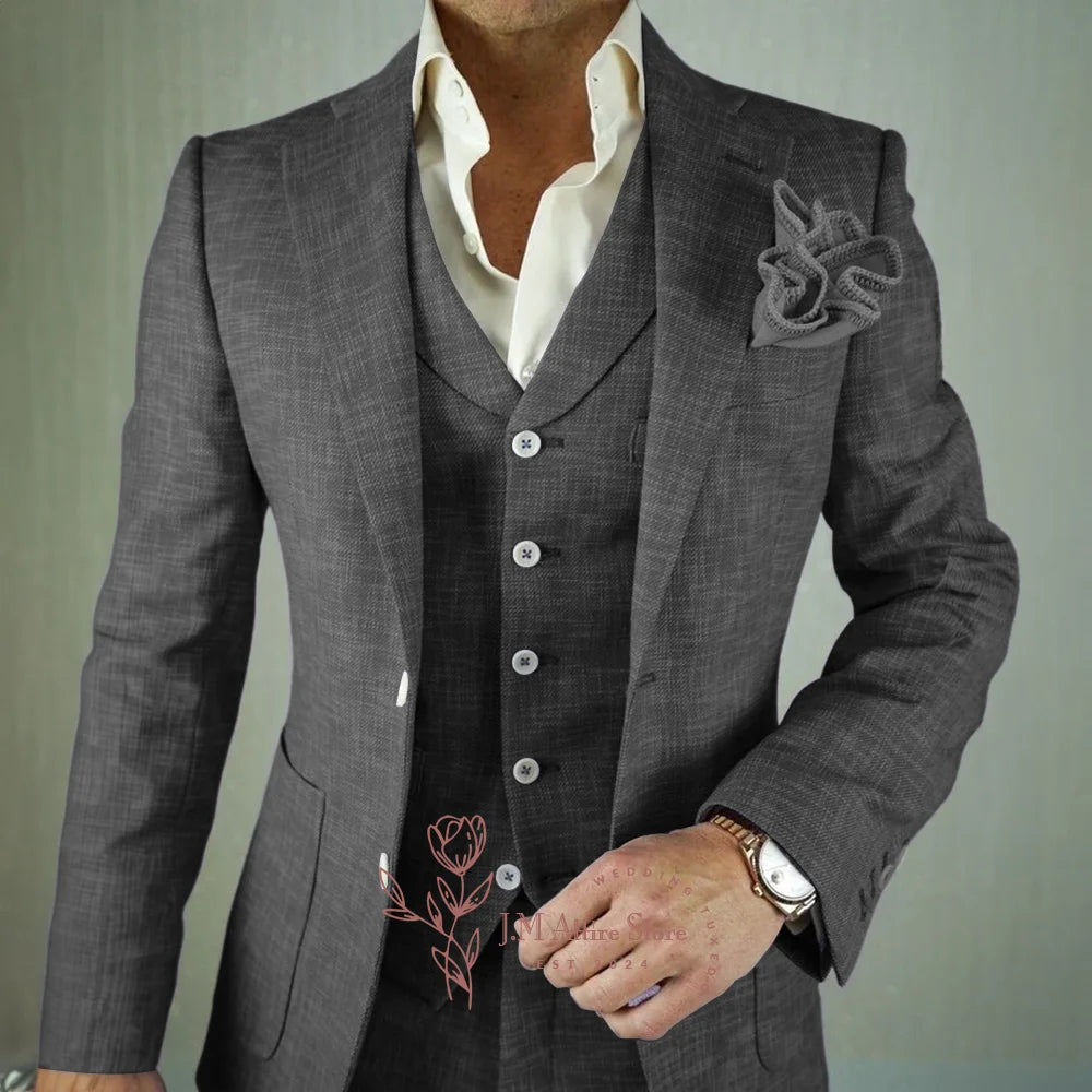 Men’s Linen 3 Piece Suit Notch Lapel Jacket Vest Pants Premium Slim Fit for Wedding Groom Cocktail Prom Party Wear Casual Attire