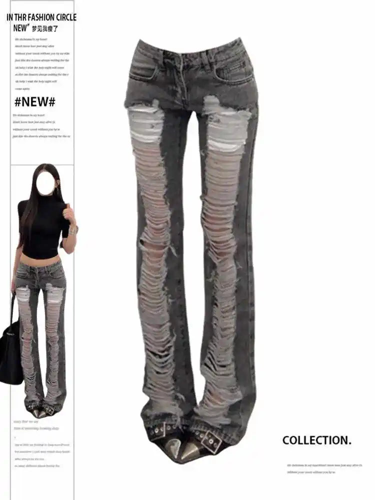 Women's Grey Ripped Skinny Jeans Harajuku Vintage Y2k Denim Trousers Japanese 2000s Style Emo Oversize Jeans