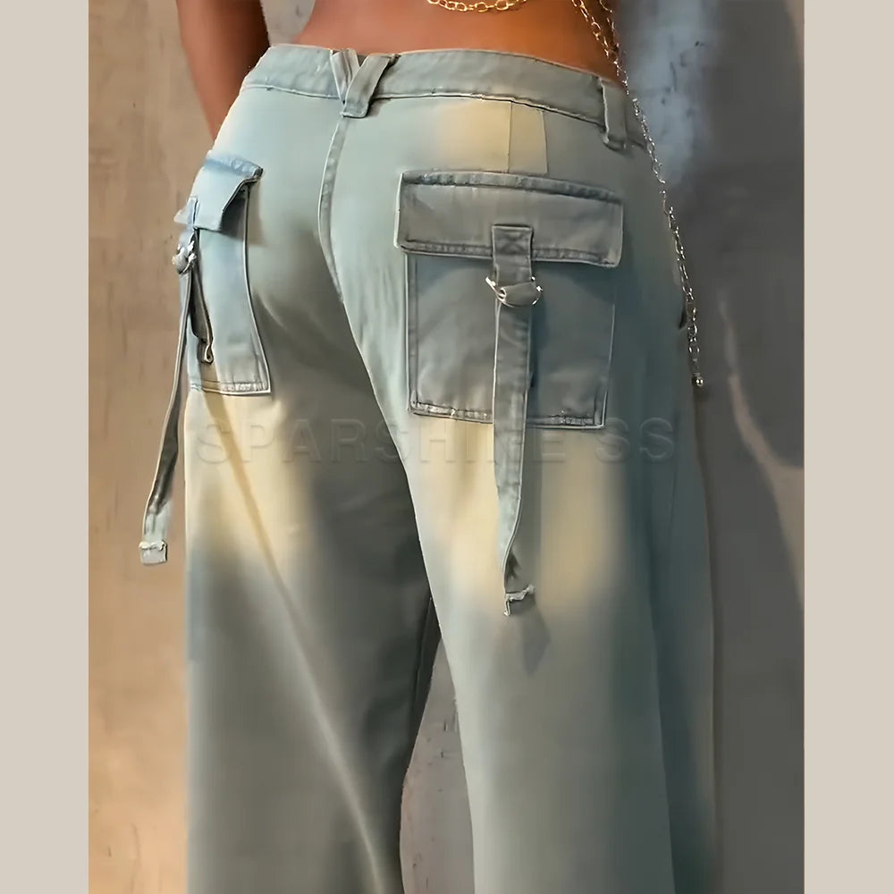 Women Straight Pants Vintage Washed Mid Waist Loose Fit Wide Leg Denim Long Pants