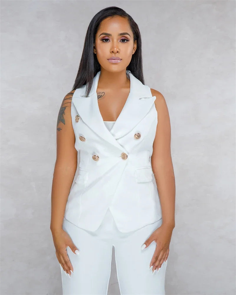 Women's Office Lady Two Piece Elegant Sleeveless Blazer And Pencil Pant Suit Set