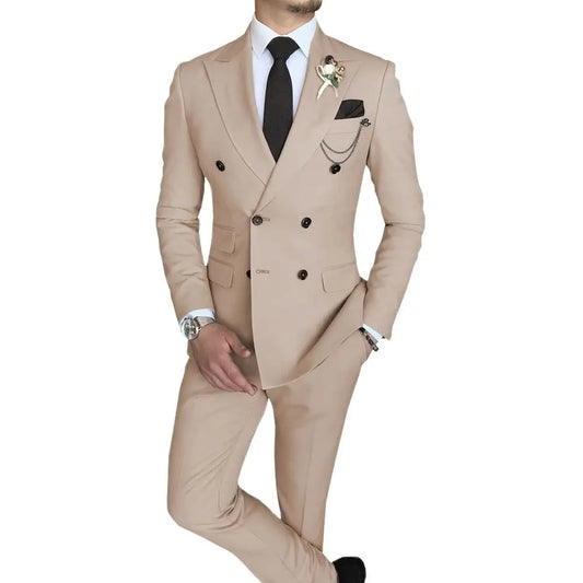 Men's 2 Piece Double Breasted Peak Lapel Jacket Business Casual Slim Fit Suit  ( Blazer+Pants）