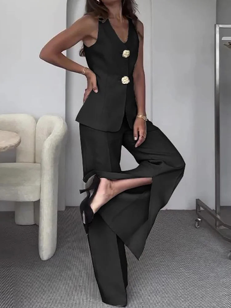V Neck Sleeveless Vest Pants Office Suits, Women Buttons Elegant Outfit, Vintage Wide Leg Pants Ladies Sets
