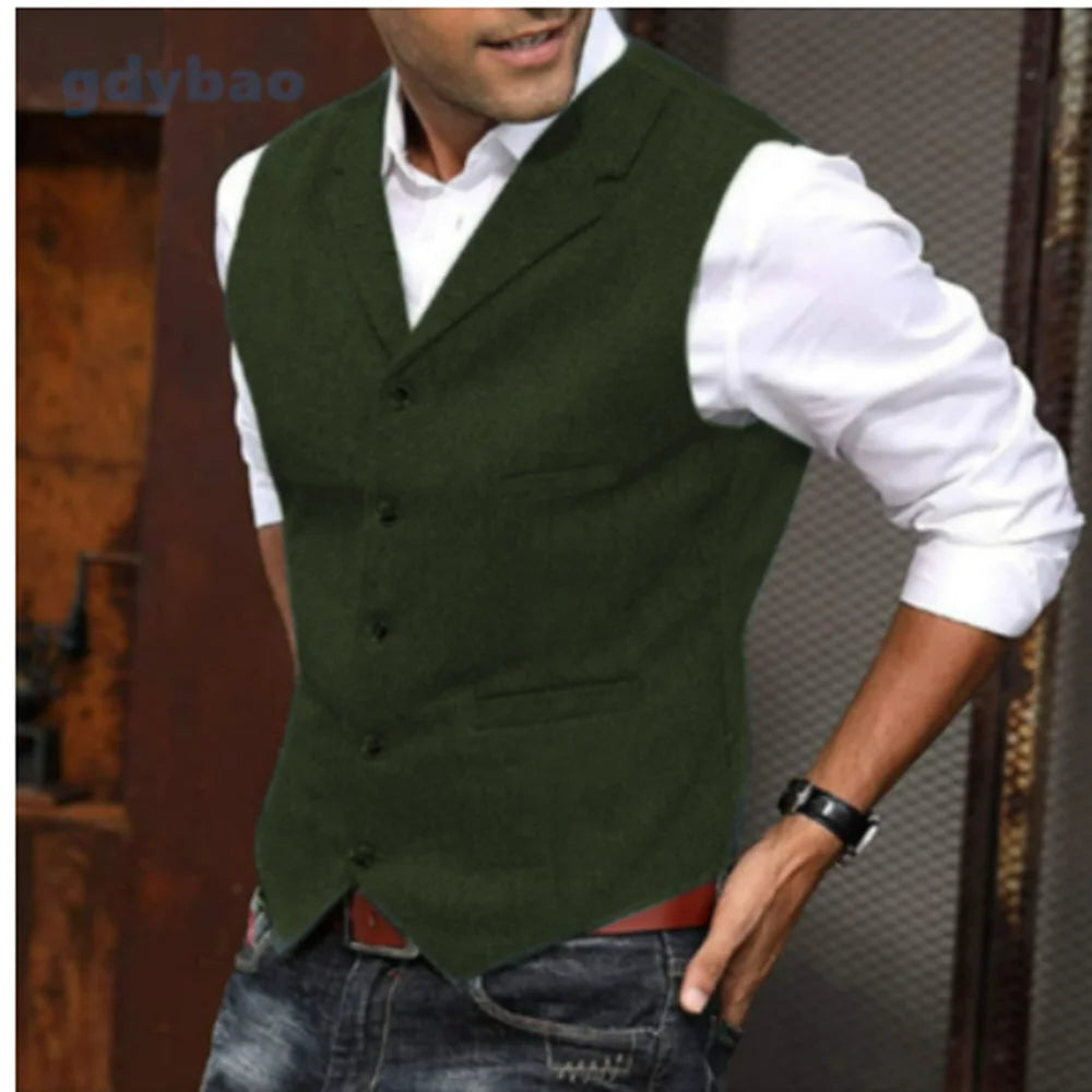 Men's Casual Classic Suit Vest V Neck Herringbone Tweed Slim Fit Business Waistcoat For Wedding