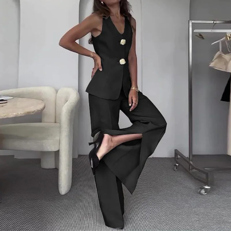 V Neck Sleeveless Vest Pants Office Suits, Women Buttons Elegant Outfit, Vintage Wide Leg Pants Ladies Sets