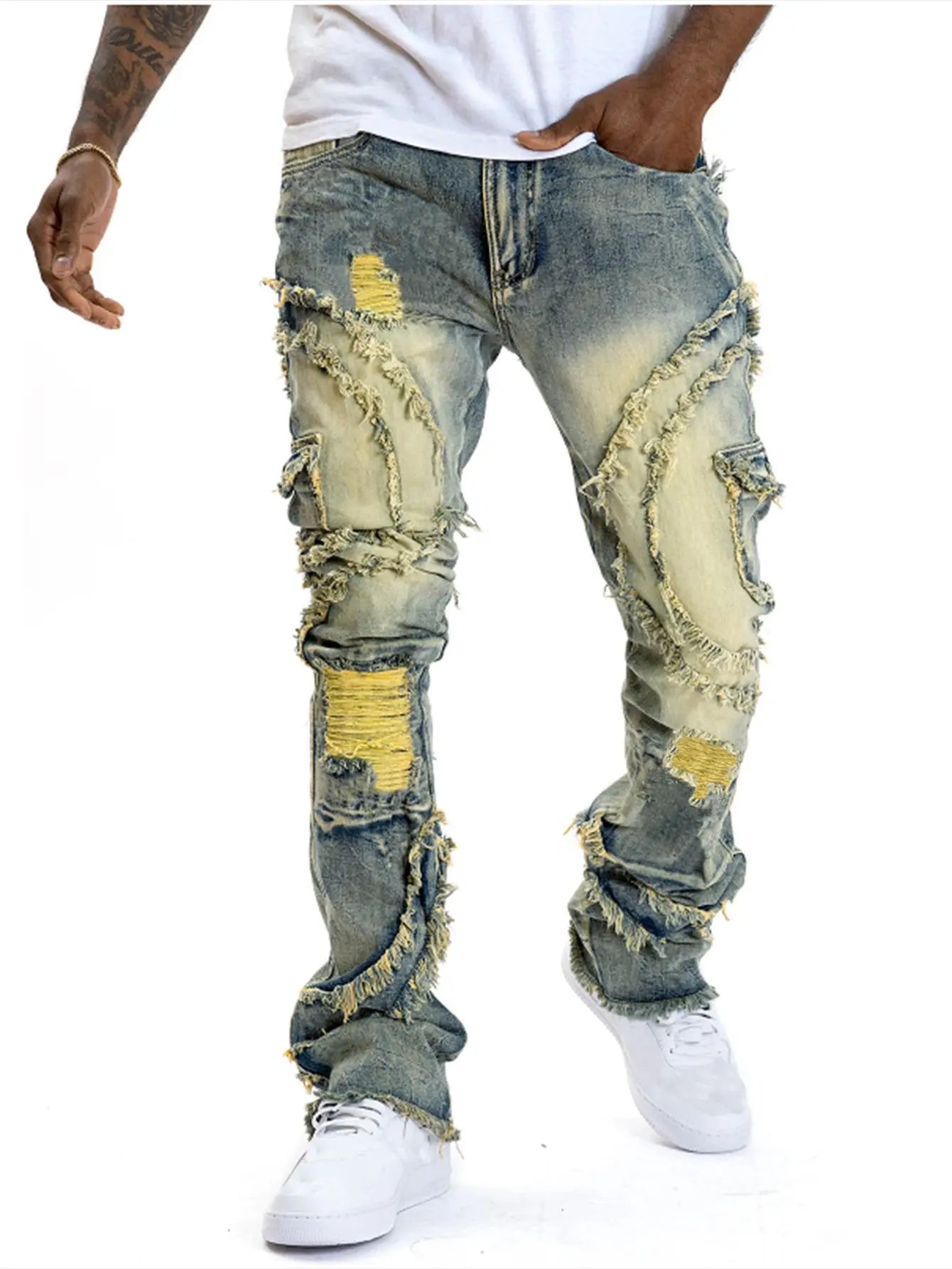 European and American men's casual, street punk fashion, retro, ripped hole, slightly flared tassel elastic jeans