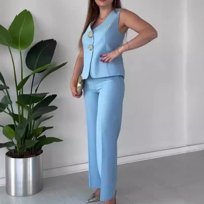 V Neck Sleeveless Vest Pants Office Suits, Women Buttons Elegant Outfit, Vintage Wide Leg Pants Ladies Sets