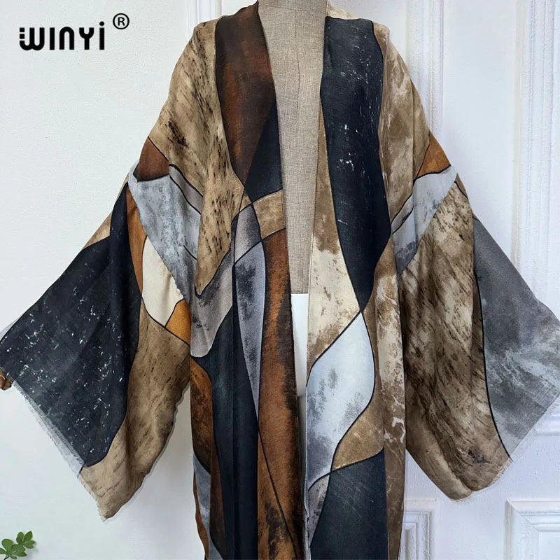 WINYI summer kimono Retro print beach cover up Swim Suit elegant African women boho Cardigan sexy Holiday silk feeling dress