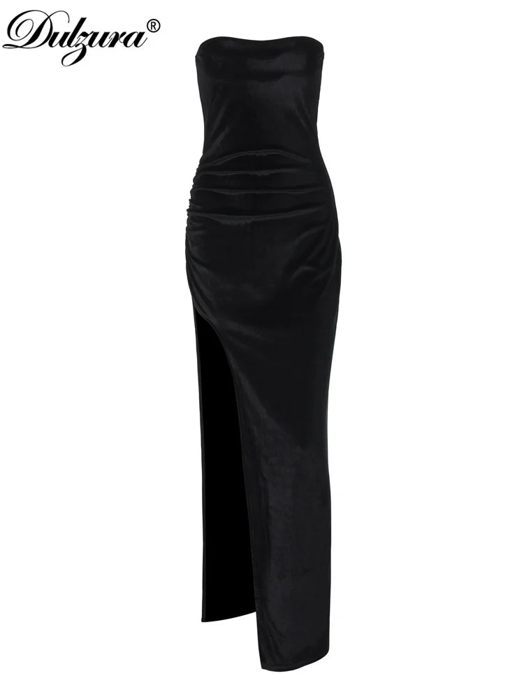 Dulzura Velvet Strapless Tube Dress Sleeveless Solid Split Maxi Dresses Women'S Sexy Elegant Clothes Party Clubwear Vacation Y2K
