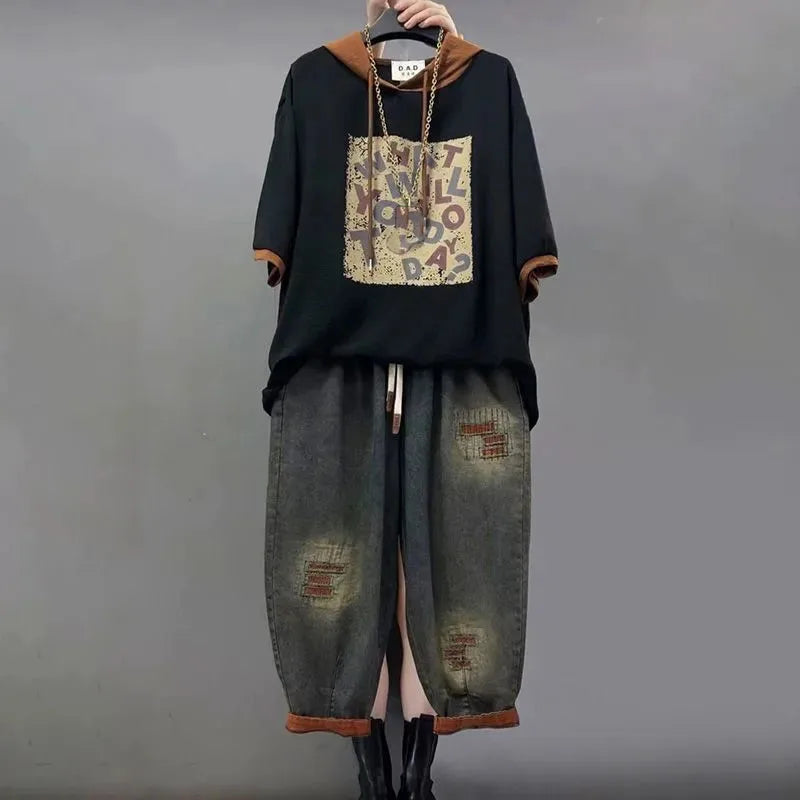 Women Denim Pants Two Piece Set Loose Plus Size Female Fashion Hooded Printed Jeans Sets
