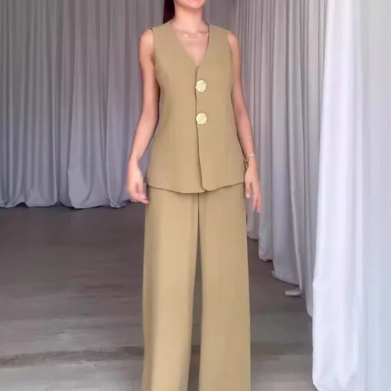 V Neck Sleeveless Vest Pants Office Suits, Women Buttons Elegant Outfit, Vintage Wide Leg Pants Ladies Sets