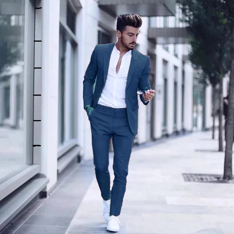 Men's Casual 2 Piece Business Suit Slim Fit Peak Lapel