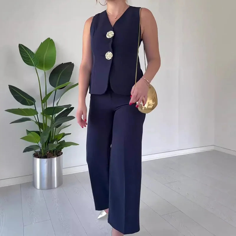 V Neck Sleeveless Vest Pants Office Suits, Women Buttons Elegant Outfit, Vintage Wide Leg Pants Ladies Sets