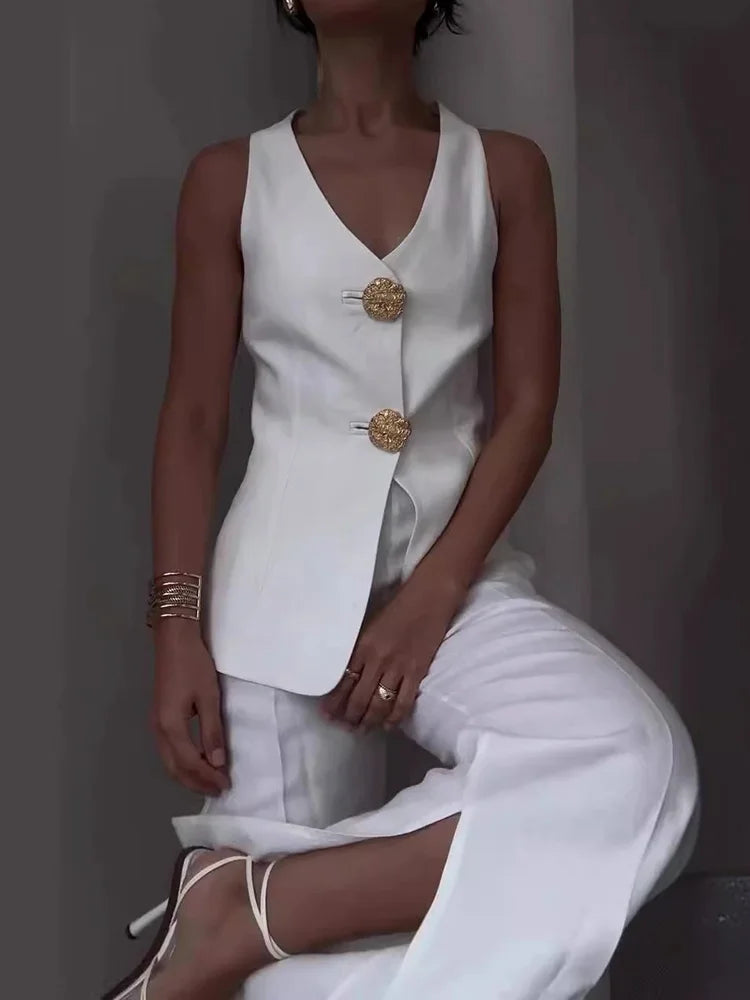 V Neck Sleeveless Vest Pants Office Suits, Women Buttons Elegant Outfit, Vintage Wide Leg Pants Ladies Sets