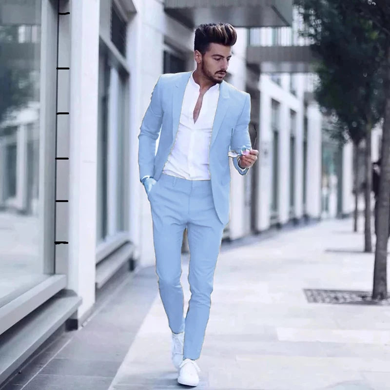 Men's Casual 2 Piece Business Suit Slim Fit Peak Lapel