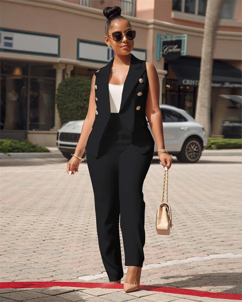 Women's Office Lady Two Piece Elegant Sleeveless Blazer And Pencil Pant Suit Set